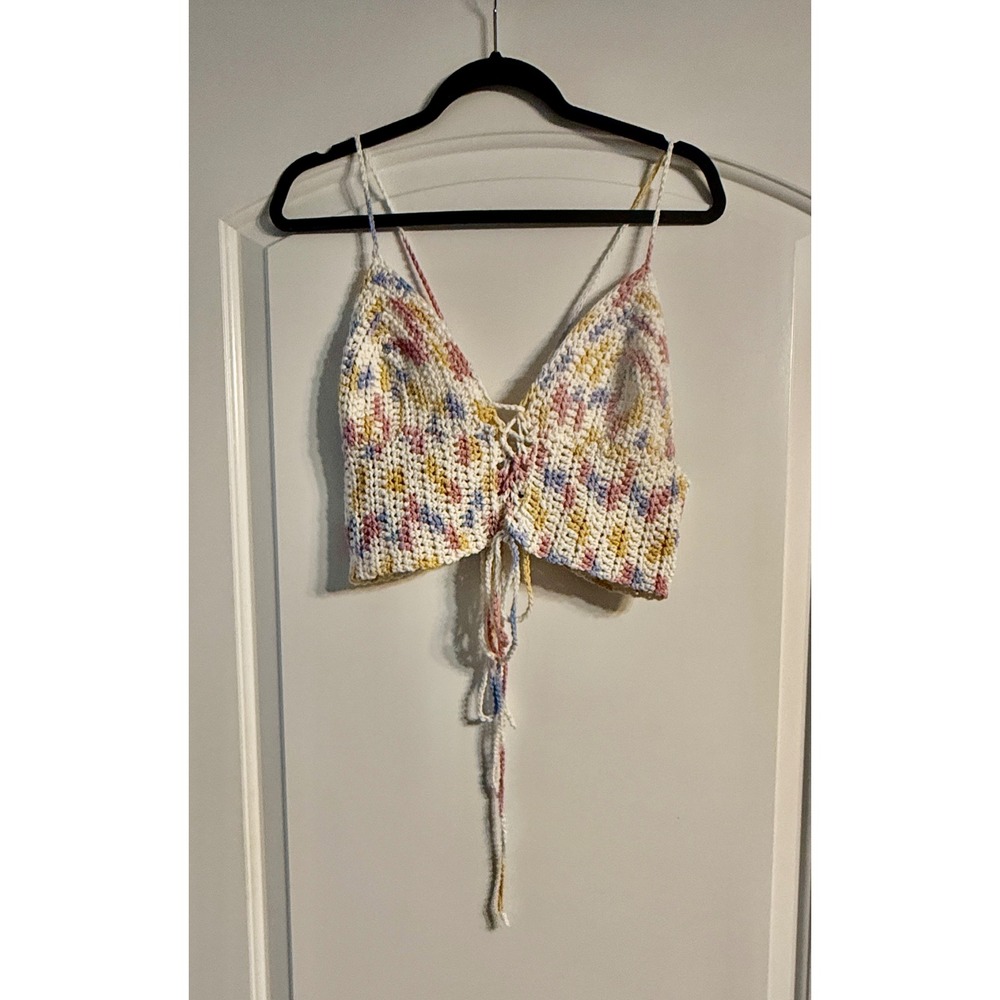 Crochet Crop Top Small Multicolor Boho Lace-Up Front Festival Cottagecore